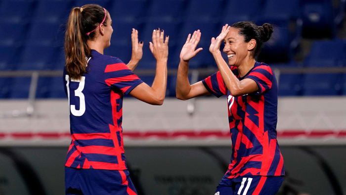 USWNT's Alex Morgan and Christen Press celebrate a goal vs. New Zealand